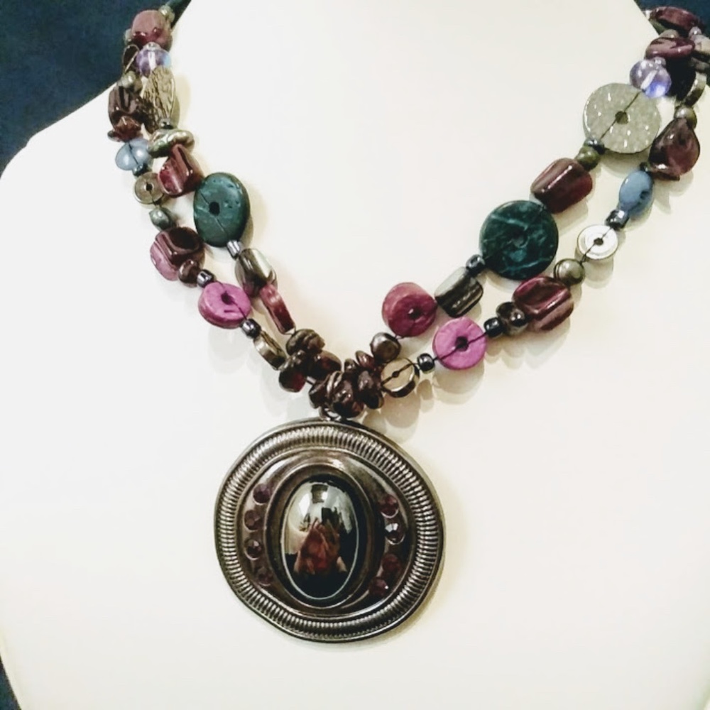 Vintage Boho Purple Blue Silver Tone Double Strand Pendant Necklace - Picture 2 of 7